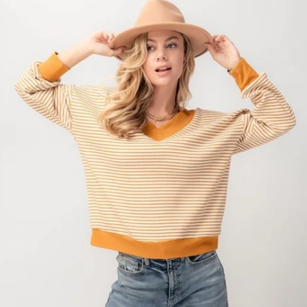 Emberley Goldenrod Yellow Skinny Stripe V-neck Knit Top Size S